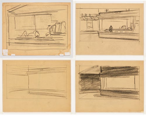 Top left: Edward Hopper, Study for Nighthawks (verso), 1941 or 1942, fabricated chalk on paper, 8 1/2 x 10 15/16 in. Top right: Edward Hopper, Study for Nighthawks, 1941 or 1942, fabricated chalk on paper, 8 7/16 x 10 15/16 in. Bottom left: Edward Hopper, Study for Nighthawks (recto), 1941 or 1942, fabricated chalk on paper, 8 1/2 x 11 in. Bottom right: Edward Hopper, Study for Nighthawks, 1941 or 1942, fabricated chalk on paper, 8 1/2 x 11 1/16 in. ALL PHOTOS COURTESY WHITNEY MUSEUM OF AMERICAN ART, NEW YORK; JOSEPHINE N. HOPPER BEQUEST 70.192. ©HEIRS OF JOSEPHINE N. HOPPER, LICENSED BY THE WHITNEY MUSEUM OF AMERICAN ART. DIGITAL IMAGE, © WHITNEY MUSEUM OF AMERICAN ART, NY.