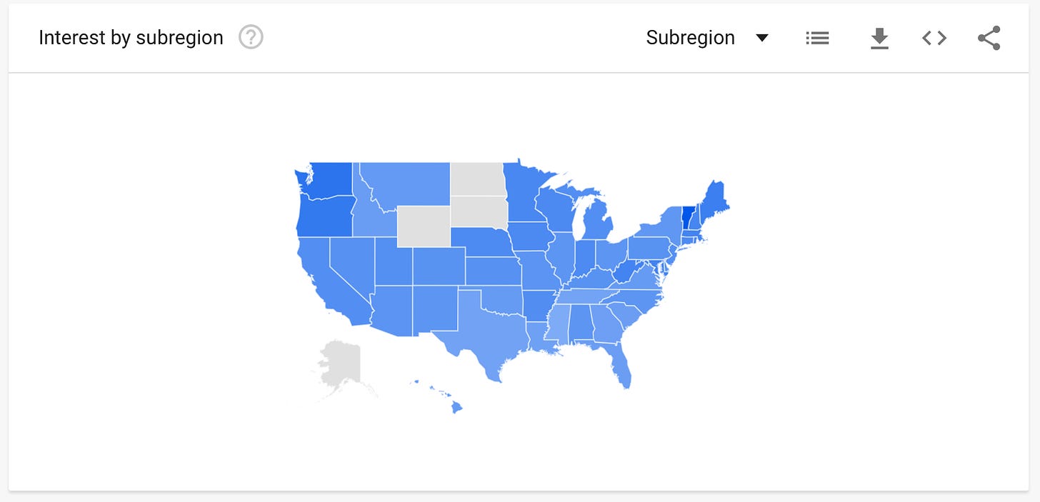 A heat map of the United States for the search term "ableism." Vermont, Washington and Oregon are dark blue. The Dakotas, Wyoming and Alaska are gray. The rest of the states are various shades of light blue.