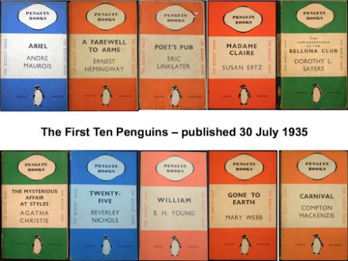 The first ten Penguin books published 30 July, 1935. The covers are split into thirds horizontally: color-coded bands on top and bottom, and white in the center. The books are color-coded according to genre: orange for fiction, green for crime, red for drama, and blue for biographies