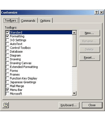 Animation cycling through several of the dialog boxes for customizing toolbars in Office 2003.