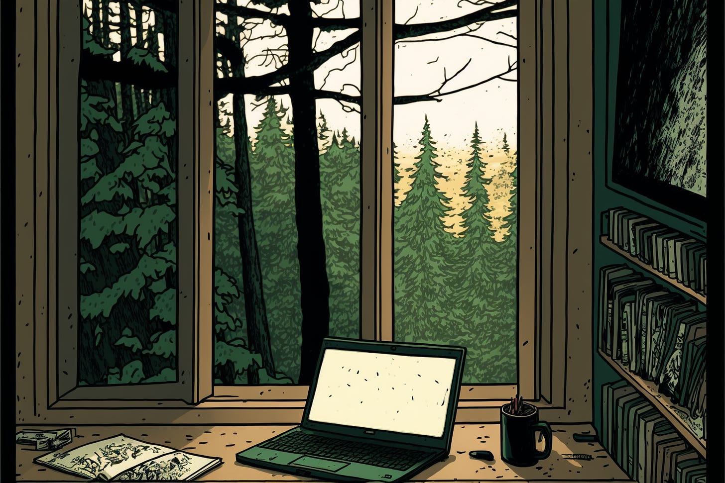 a laptop in front of a window looking out at a forest scene, graphic novel