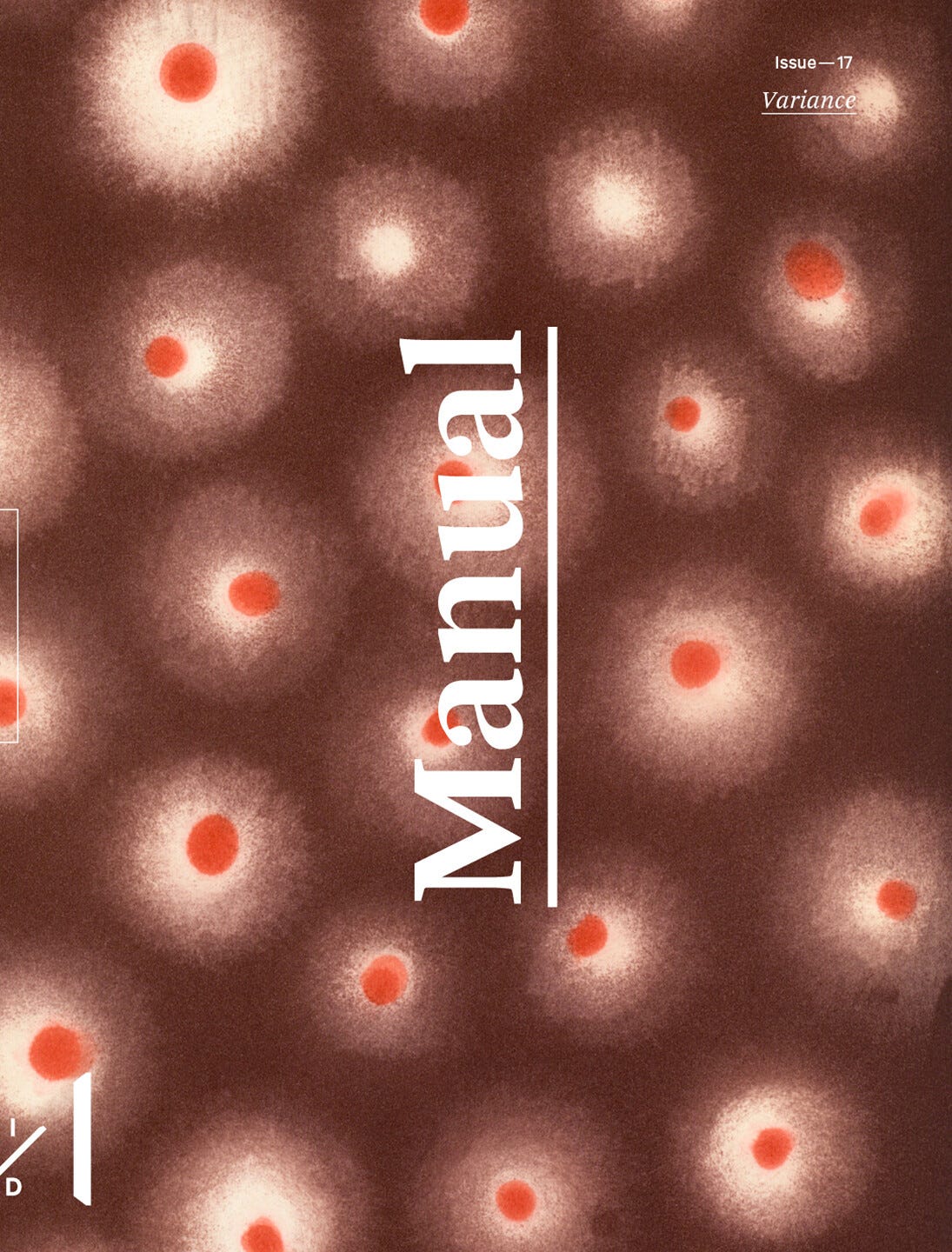 Numerous hazy cream-colored spots with red centers populate a dark brown background.