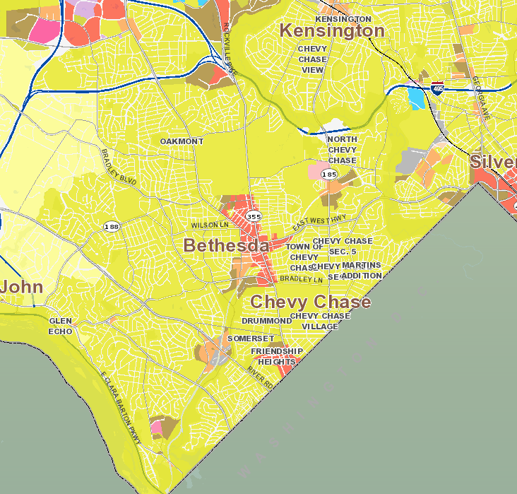 I was looking at Redfin and just realized that downtown is divided into 5  neighborhoods: Bethesda West, Bethesda Row, Wisconsin South, Woodmont  Triangle, and Wisconsin North. This shows up on map apps