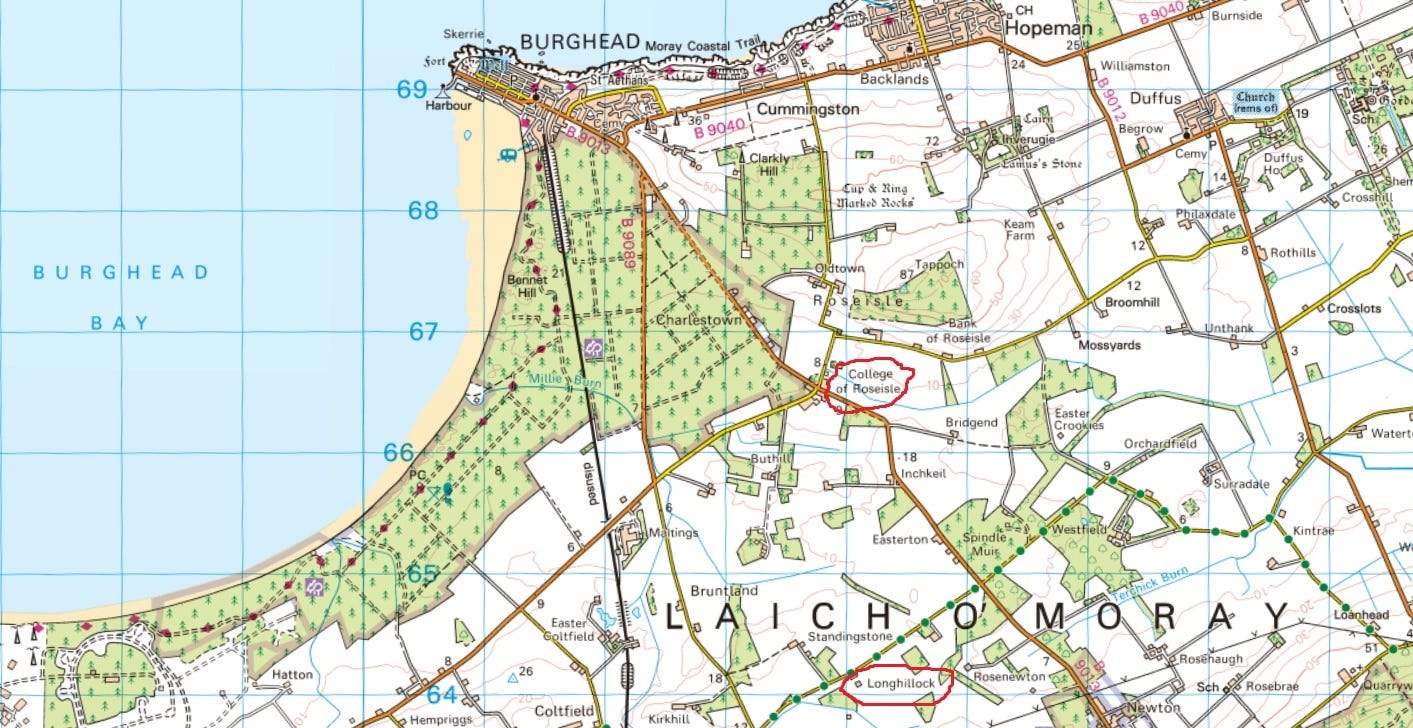 Map showing the two potential original sites of the Altyre Cross: College of Roseisle and Longhillock (Ordnance Survey)