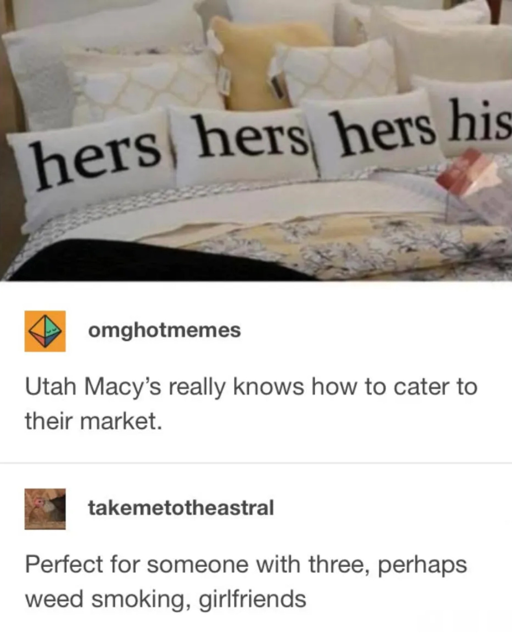 Photo of a bed with 4 pillows reading hers, hers, hers and his. Reply from Tumblr user omghotmemes: Utah Macy's really knows how to cater to their market. Reply from user takemetotheastral: Perfect for someone with three, perhaps weed smoking, girlfriends.