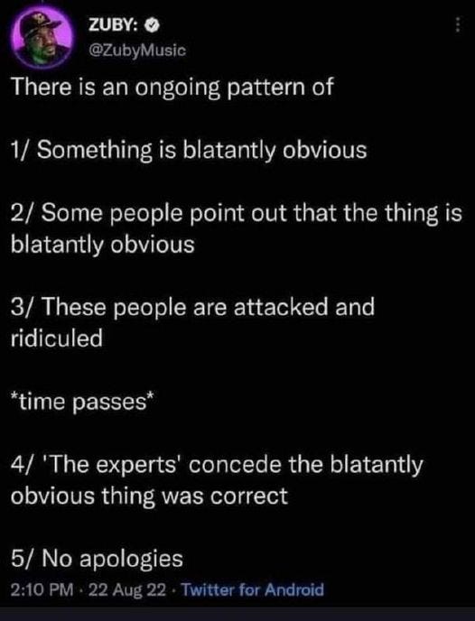 May be an image of 1 person and text that says 'ZUBY: @ZubyMusic There is an ongoing pattern of 1/Something is blatantly obvious 2/ Some people point out that the thing is blatantly obvious 3/ These people are attacked and ridiculed *time passes* 4/ 'The experts' concede the blatantly obvious thing was correct 5/ No apologies 2:10PM- 22Aug22 Twitter for Android'