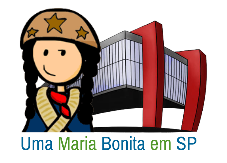 Ilustração de uma menina de tranças, com tiras de munição em X e chapéu de sertanejo com estrelas. Por trás, desenho do prédio do MASP. Abaixo, o título “Uma Maria Bonita em SP”.