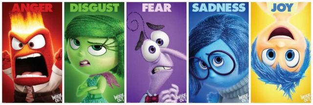 image displaying characters from Pixar movie inside out: Anger, Disgust, Fear, Sadness & Joy