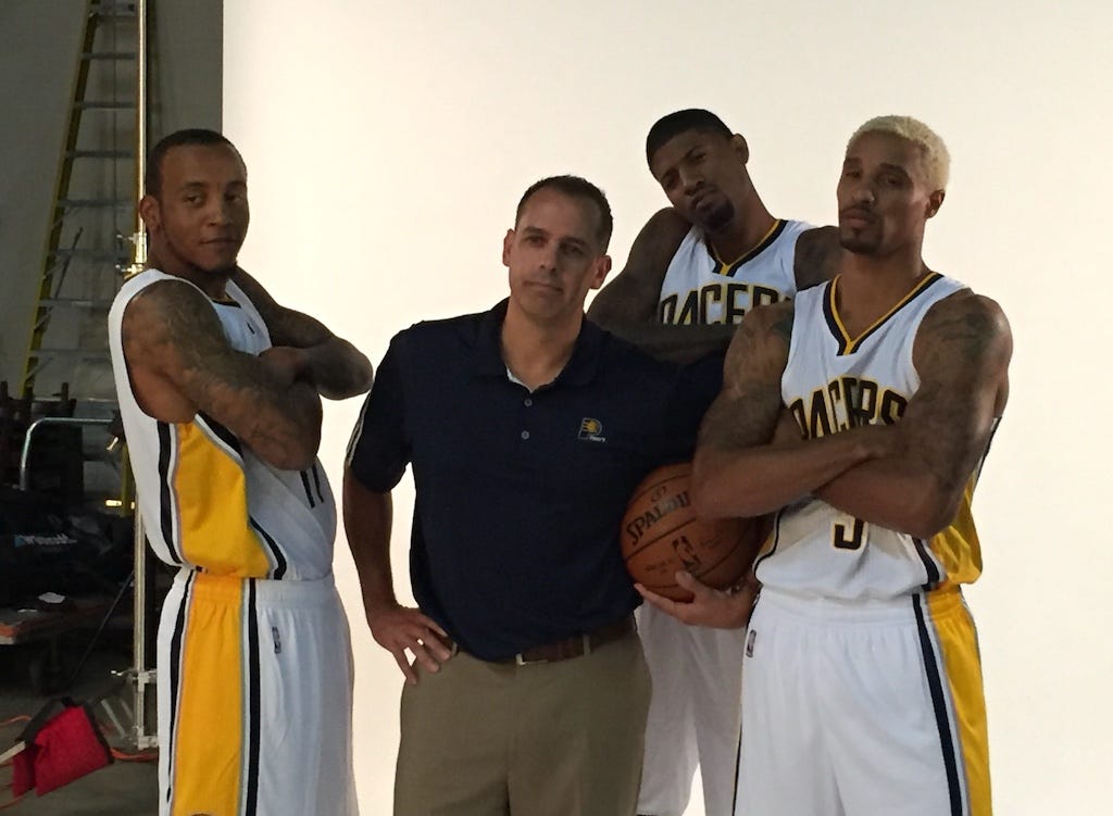 Monta Ellis on media day 2017 with Paul George, George Hill and coach Frank Vogel.