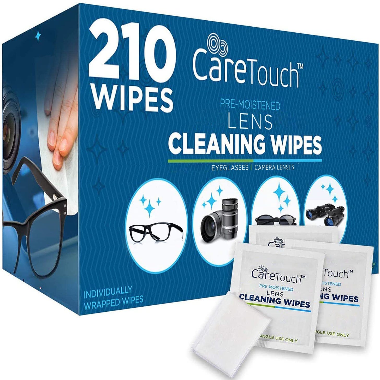 product image: box of 210 pre-moistened lens cleaning wips