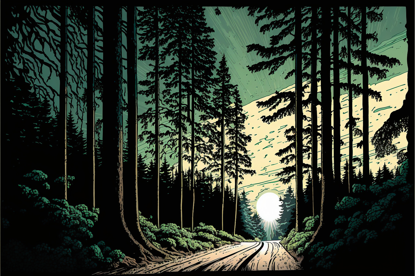a road through tall pine trees, graphic novel