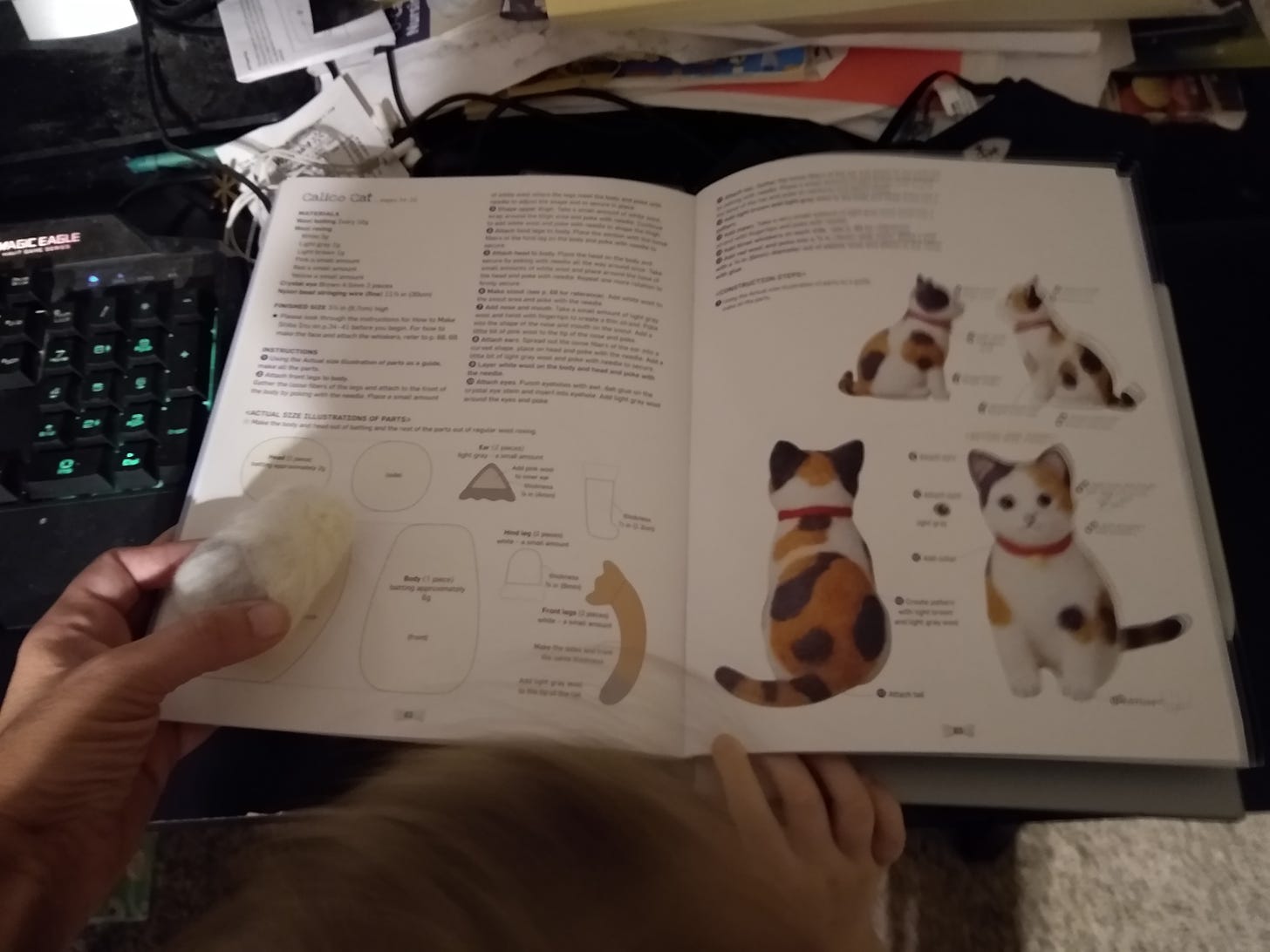 Inside of book, with instructions and pictures for needle felting a calico cat. Also some hands, and a bit of wool being shaped into a cat body.