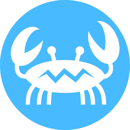 a large blue circle with a white cartoon crab inside of it.