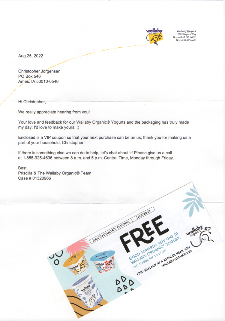 Scan of the letter from Wallaby Yogurt. Transcript follows.