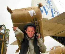 Photo of Bush helping unload U.N. World Food Programme supplies during a 1998 relief mission in Uzbekistan.