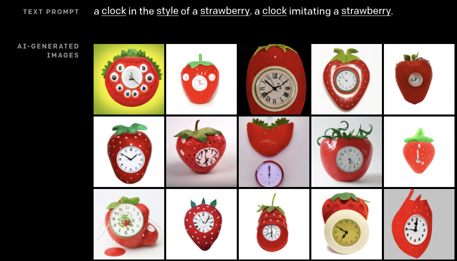 Prompt: a clock in the style of a strawberry. a clock imitating a strawberry. Images: All strawberry red with bright green tops, most of which have clock faces. The strawberries tend to have a cheerful plastic sheen. The clock faces tend to have extra hands and melting letters.