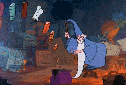 Merlin from The Sword in the Stone conducting books and manuscripts into a purple carpet bag