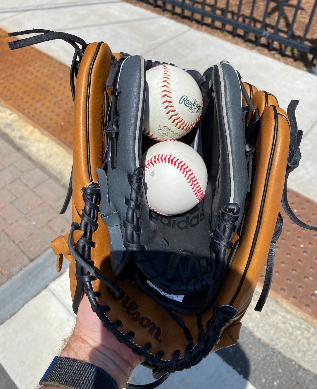 Two baseball gloves, child's nestled inside an adult's, cradling two baseballs.