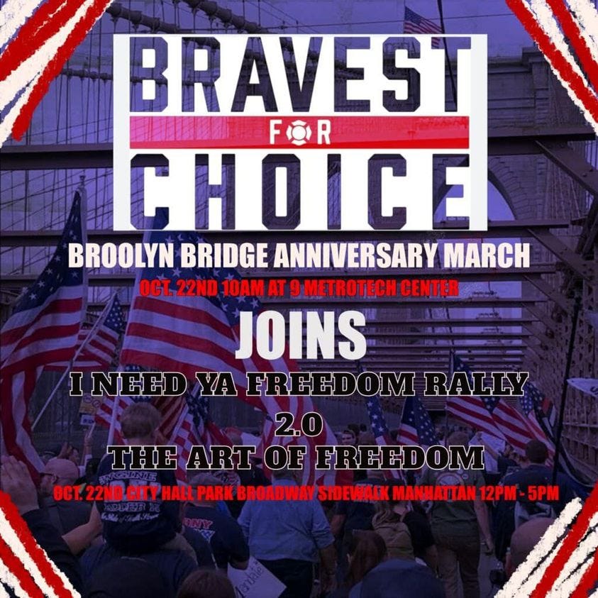 May be an image of 1 person and text that says 'BRAVEST 已健 FOR CHOICE BROOLYN BRIDGE ANNIVERSARY MARCH OCT. 22ND 10AM AT 9 METROTECH CENTER JOINS INEED YA FREEDOM RALLY THE ART OFFREEDOM P OCT. 22ND CITY HALL PARK BROADWAY SIDEWALK MANHATTAN 12PM'