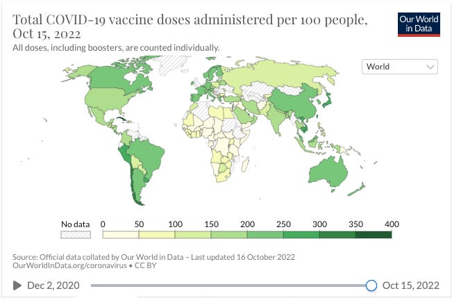 A map from Our World In Data showing "Total Covid-19 vaccine doses administered per 100 people". It shows how very few people have been vaccinated on the continent of Africa.