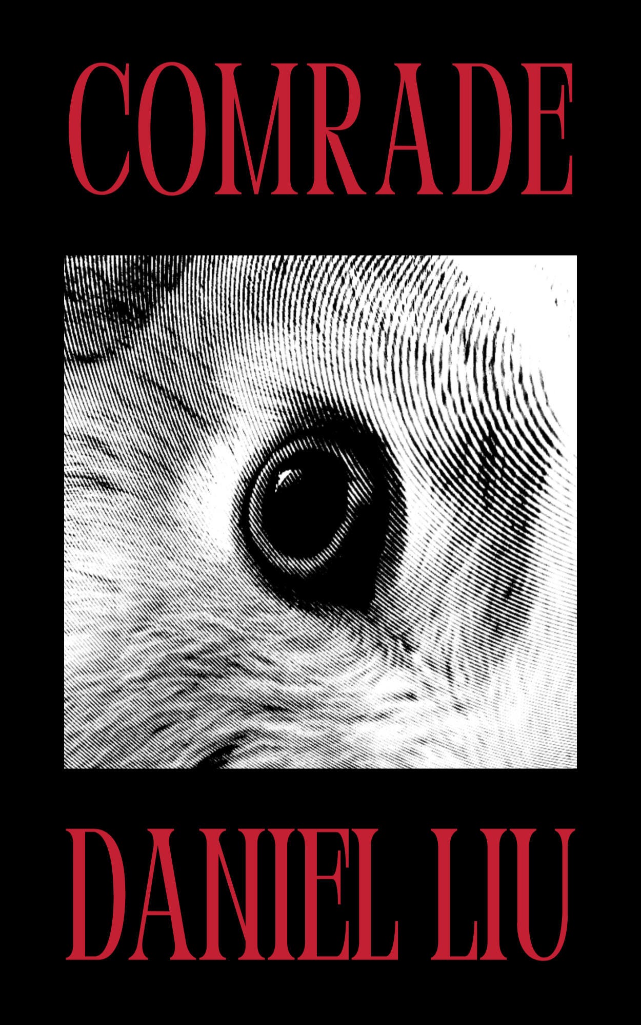 The word "COMRADE" is written in thin red capital letters against a black background. At the bottom the author's name is written in the same typeface. In the middle is a black-and-white photo of a rabbit's eye, zoomed in for dramatic effect.