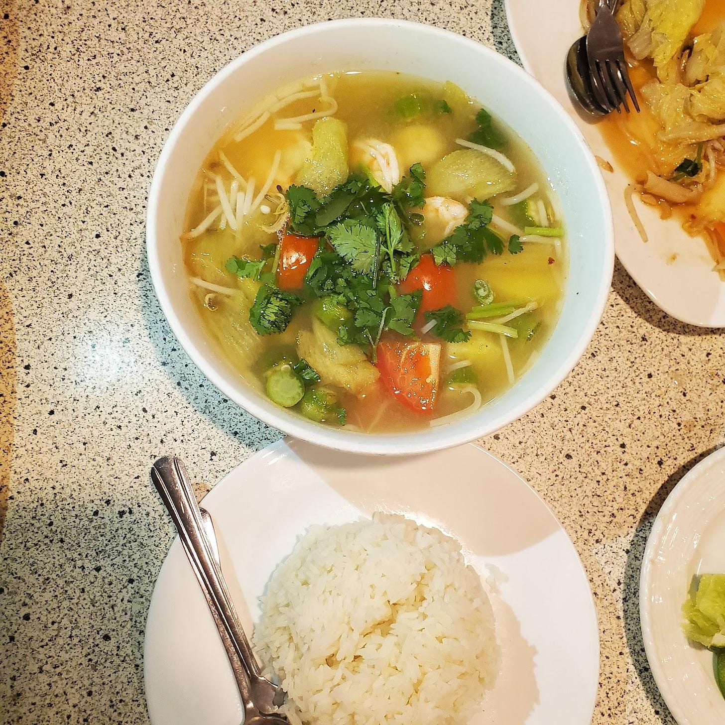 A bowl of soup with rice and vegetables

Description automatically generated with low confidence