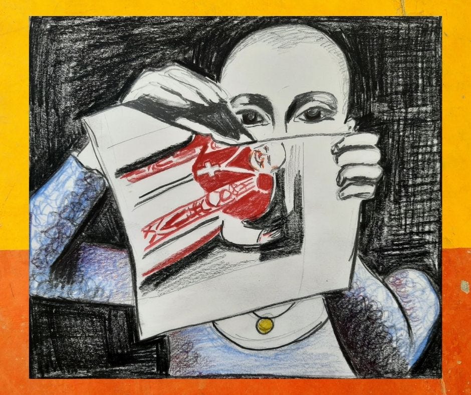 A sketch of a thin young woman with large eyes and a shaved head holding a photo infront of her and beginning to rip it. The background is yellow and orange.