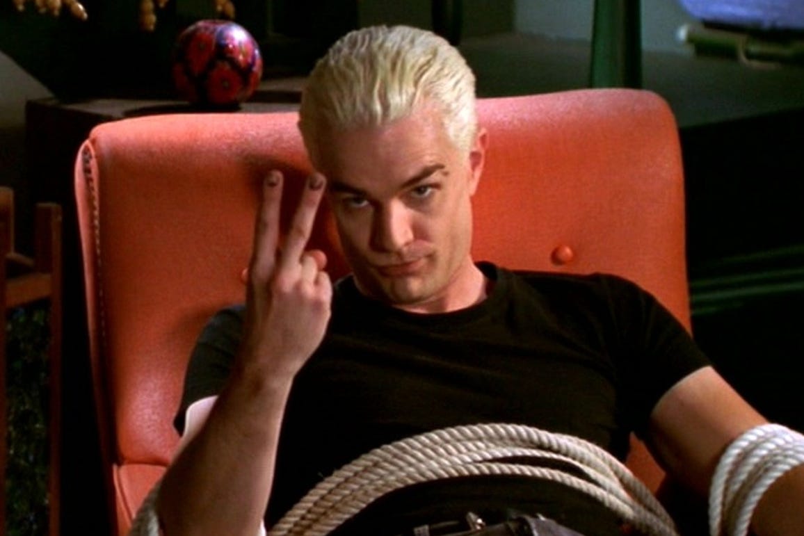 Image of Spike from Buffy the Vampire Slayer, tied to a chair and looking snarky