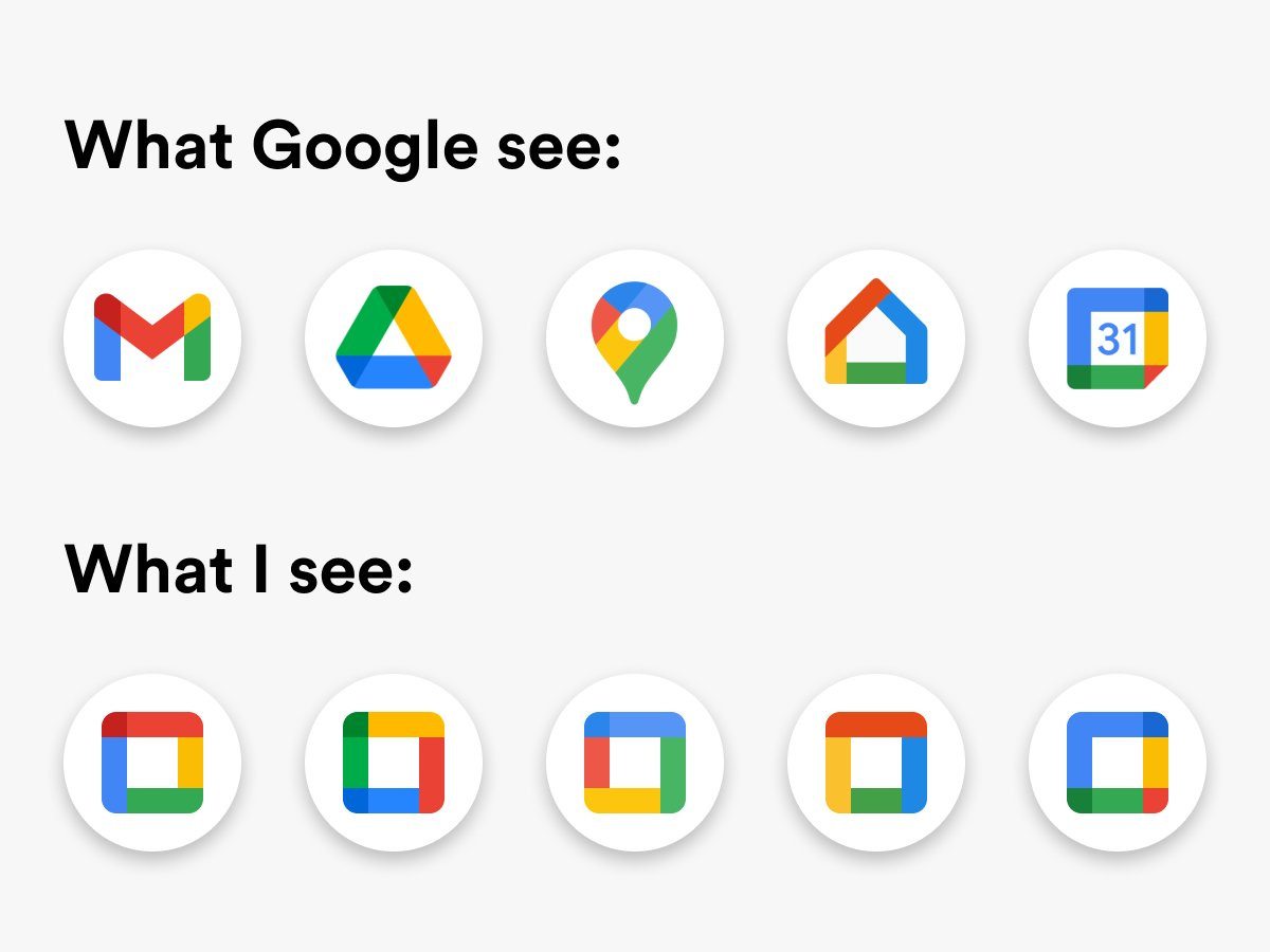 All of Google's newest app icons displayed in a row. All icons use the same shapes and colors and are not easily to distinguish from one another.