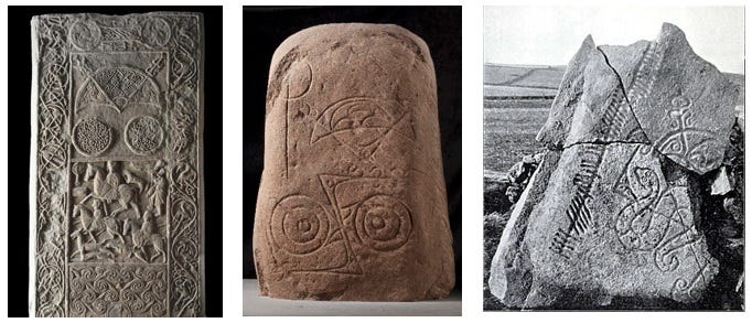 Images of three carved Pictish stones. First of all the reverse face of the Hilton of Cadboll relief-carved cross slab, showing a hunting scene with vine scroll borders and three Pictish symbols: the double disc and z-rod, crescent and v-rod and double disc. Next the Invereen incised stone with crescent and v-rod and double disc and z-rod symbols. Finally the Brandsbutt stone with incised crescent and v-rod and serpent and z-rod symbols, and an accompanying ogham inscription that reads IRATADDAORENS, meaning unknown.
