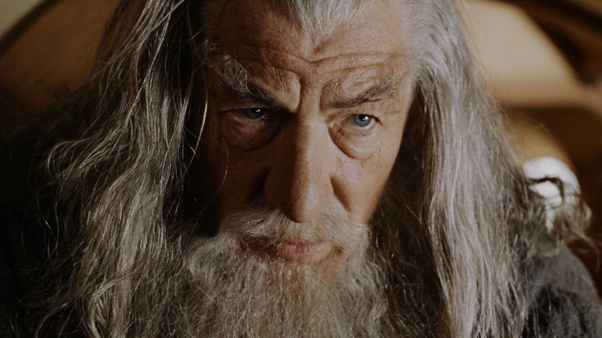 Gandalf in close up in Bilbo’s house in the shire in Fellowship of the Ring Lord of the Rings