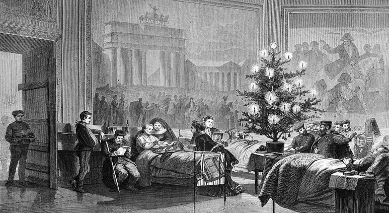 A Christmas tree for German soldiers in a temporary hospital in 1871