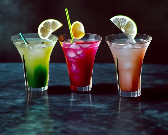 Stock photo of three cocktails generated by AI using a vector graphic as a starting image. Version 2