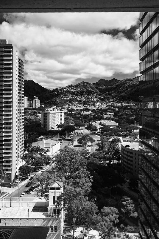 A view looking northeast toward the mountains from downtown honolulu