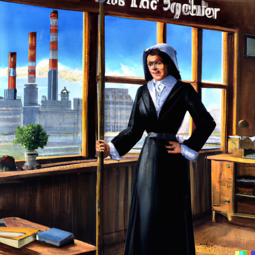 a pulp paperback cover artwork of mother superior with a yard stick standing behind a large wooden desk in front of open bay windows facing an industrial area full of smokestacks