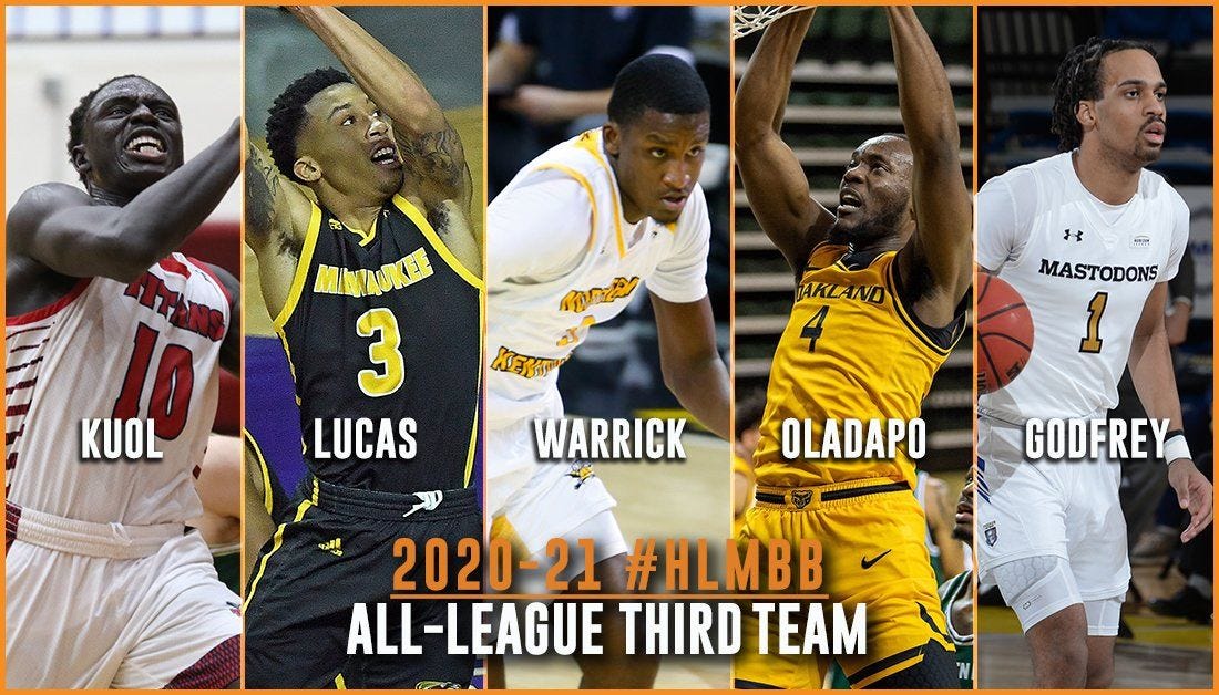 May be an image of 4 people, people playing sports and text that says 'MINWAUKEE 3 LUCAS KEKT KUOL MASTODONS WARRICK අ OLADAPO GODFREY 2020-21 #HLMBB ALL-LEAGUE THIRD TEAM'