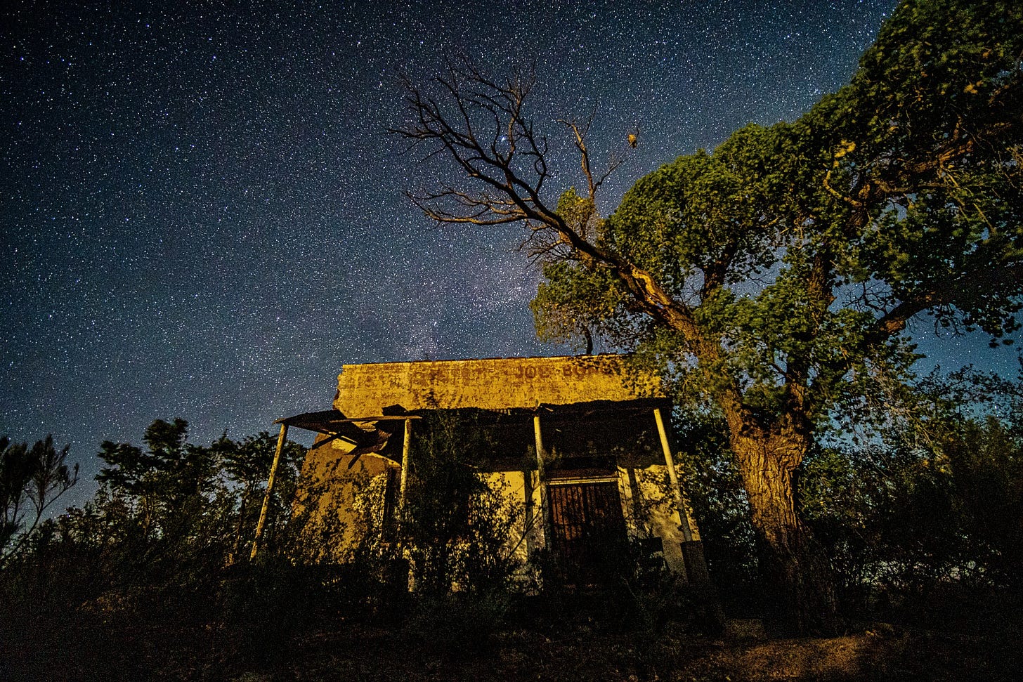 an old cabin and a large tree photographed at night