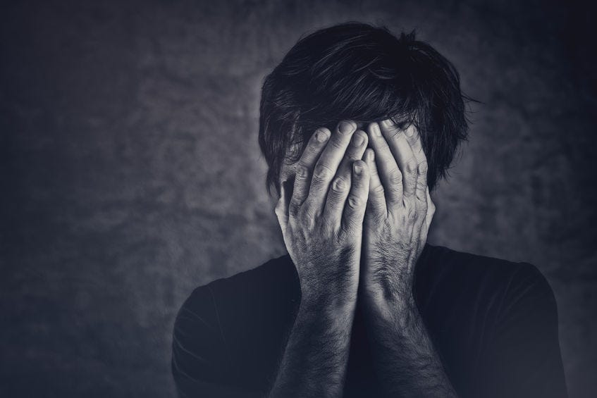 overwhelmed, grief, man covering fsce and crying, monochromatic image © Igor Stevanovic/123RF.com