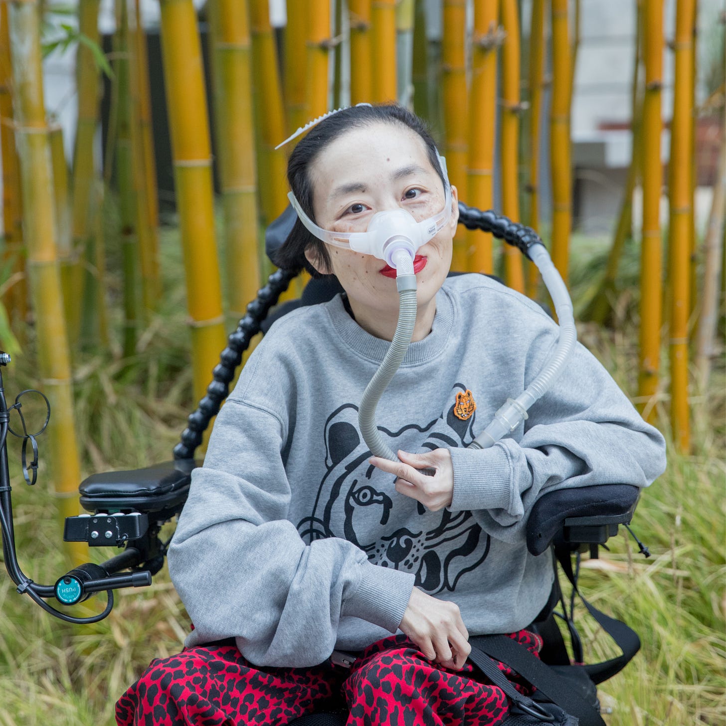 Photo of Alice Wong, an Asian American disabled woman with a mask over her nose attached to a tube for her ventilator. She is in a power wheelchair and wearing a gray sweatshirt with a tiger and leopard-print red and black pants. Behind her are bamboo trees. Credit: Eddie Hernandez Photography