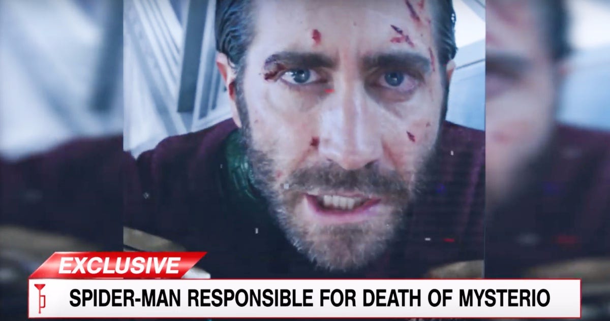 Jake Gyllenhaal as the villain Mysterio in a newsclip outting Peter Parker as Spider-Man.