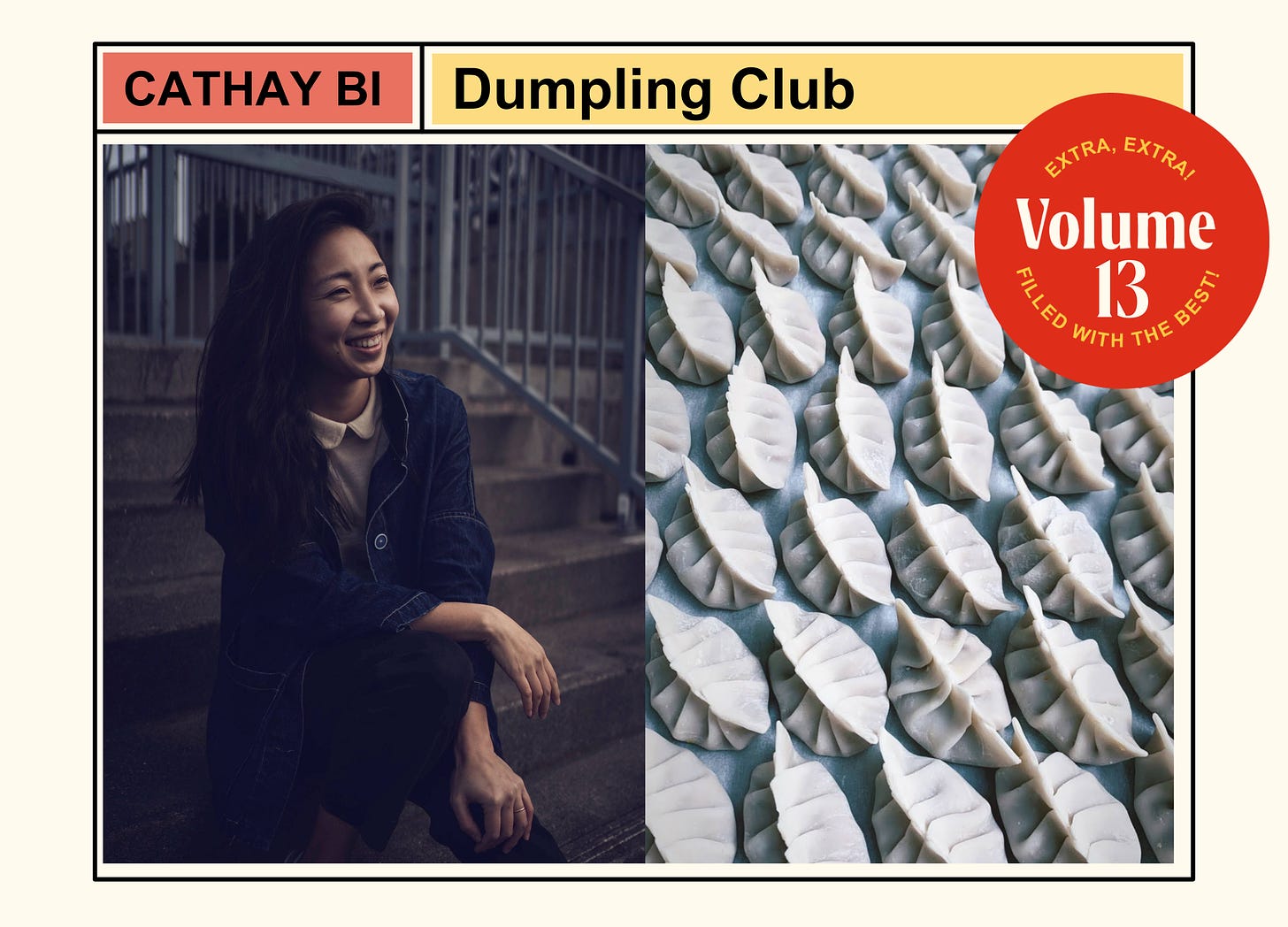 A graphic containing an image of Dumpling Club's Cathay Bi next to a photo of her expertly pleated dumplings