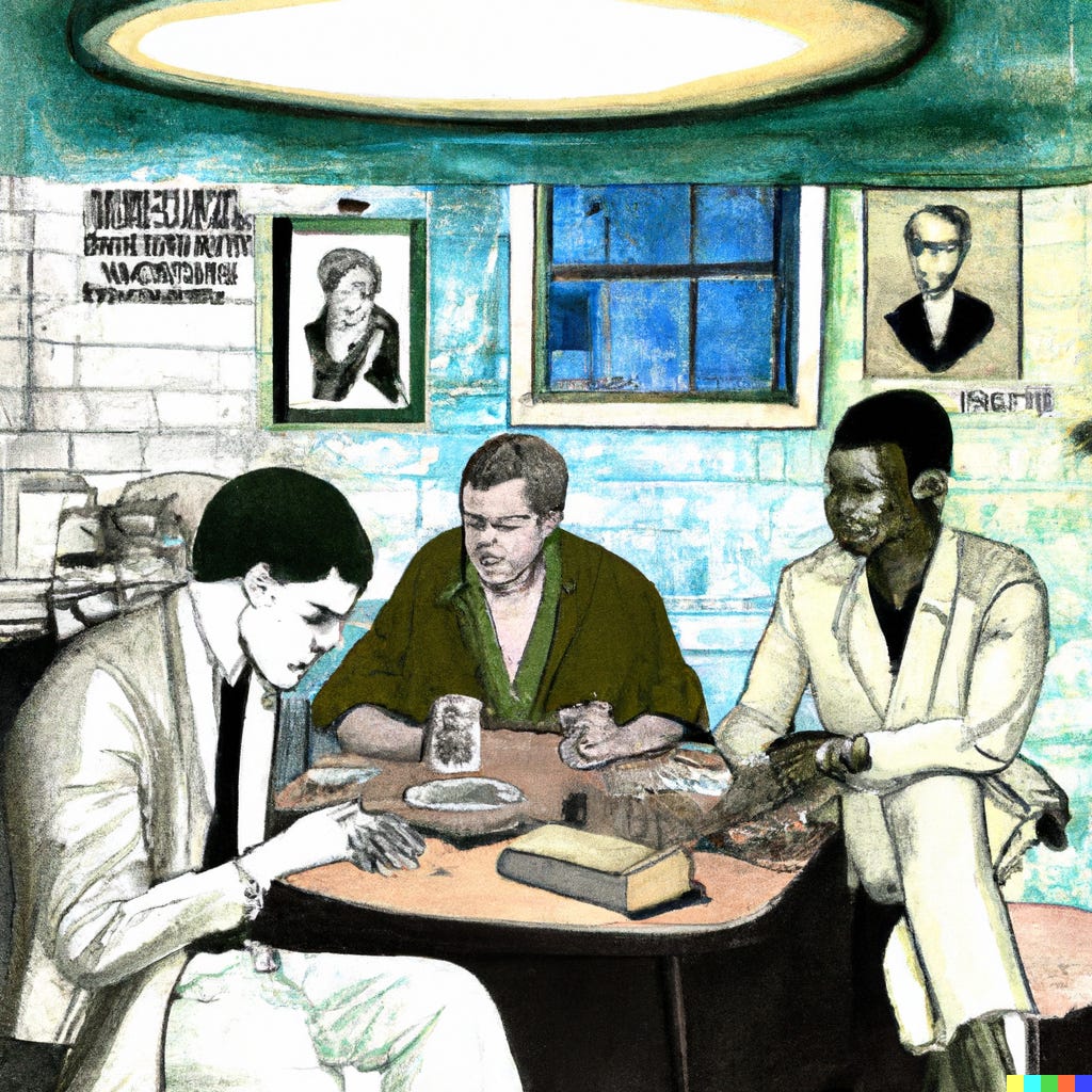 a pulp paperback cover artwork of a basement boiler room where 2 white teen boys in white tshirts and 1 older black man drink sacrament wine and smoke cigarettes at a small table with pictures of Malcom X, Martin Luther King Jr, and John F Kennedy on the wall behind them