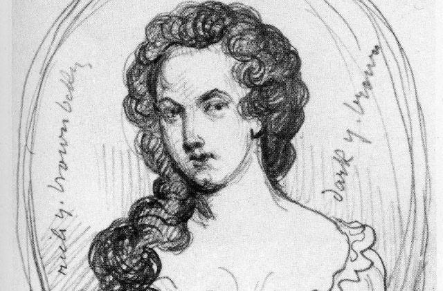 A sketch of Aphra Behn with a slightly more severe, even angry cast to her face, despite the soft curls of her hair and other typical representations of feminine softness.