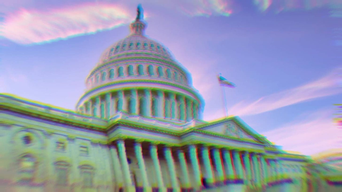 Image of the Capitol Building with a glitchy, rainbow effect overlayed