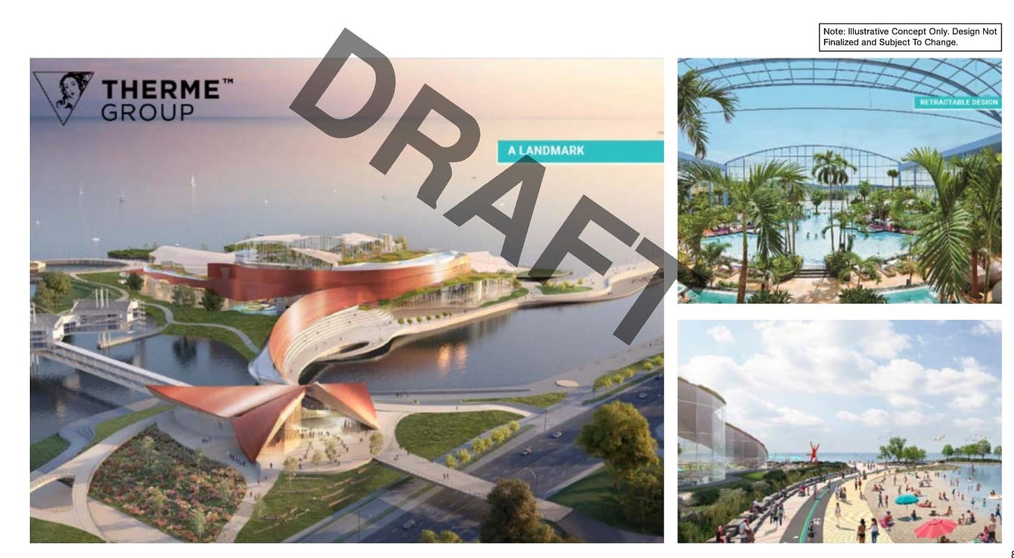 Renders of the Therme water park complex at Ontario Place