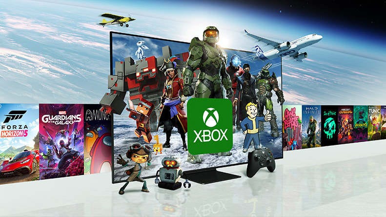 Several Xbox character mascots coming out of a TV