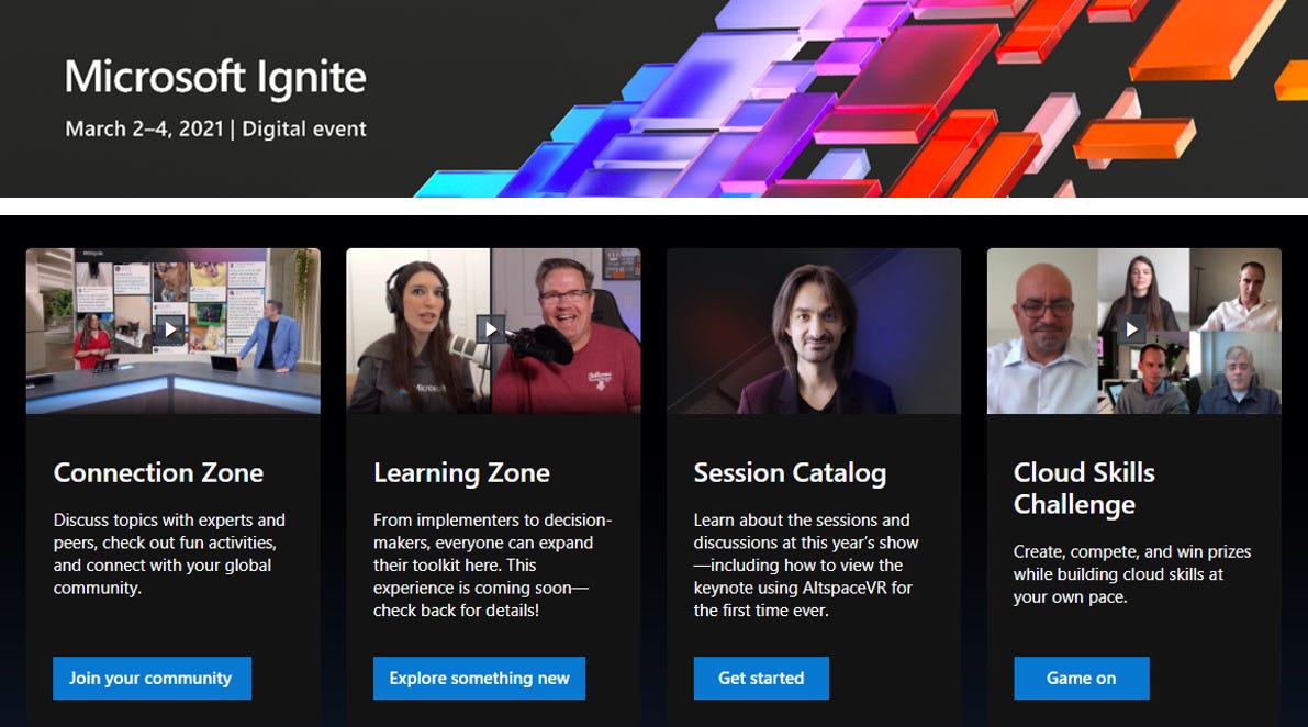 Snapshot screenshot of the main Microsoft Ignite website home page - highlighting much of the people and content you can expect from the event this year.