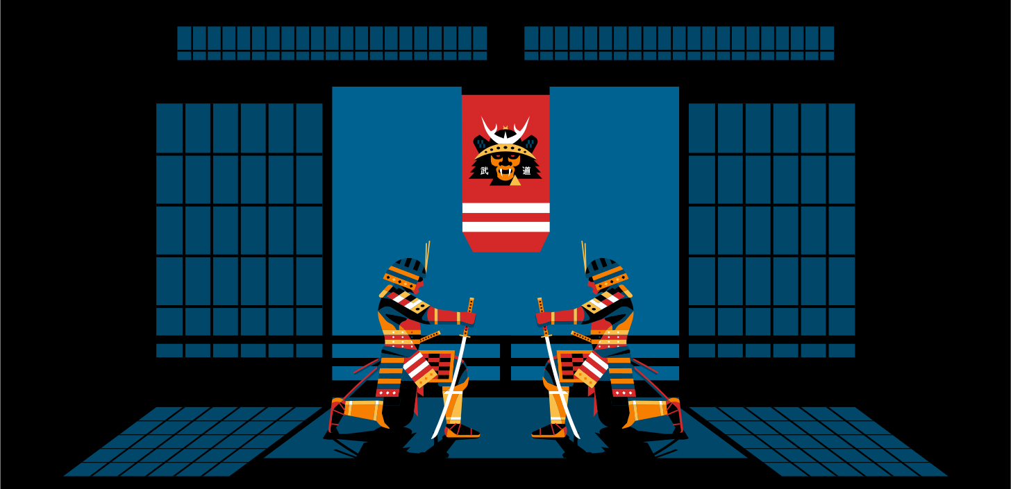 An illustrated image of two armored samurai kneeling in a dojo