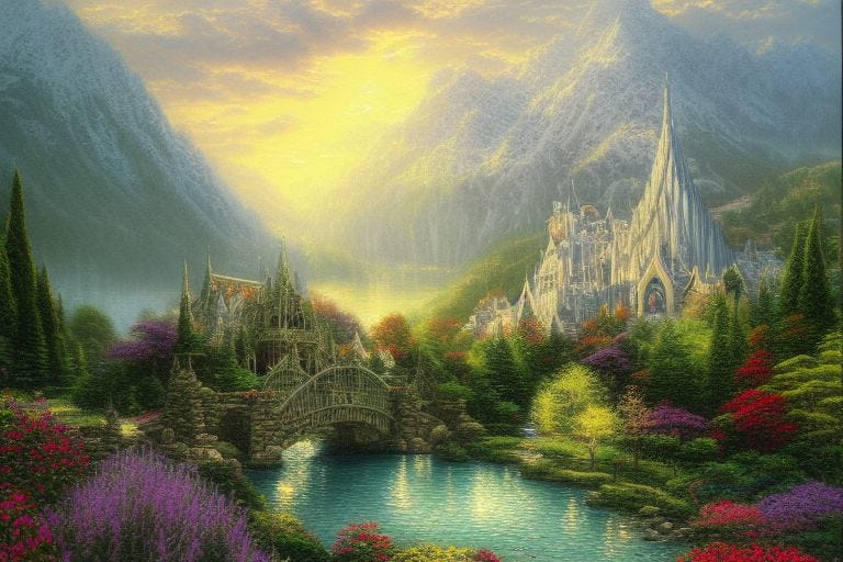 An AI generated landscape of Rivendell in the style of Thomas Kinkade