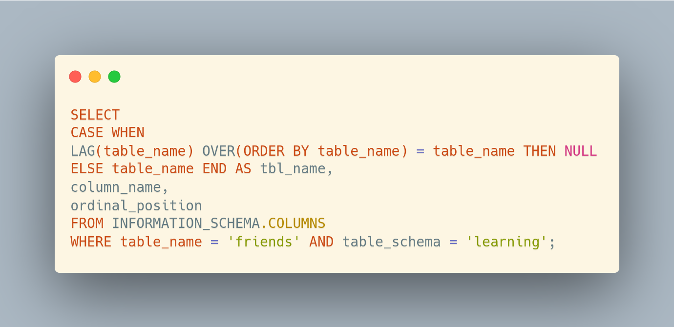 MySQL LAG() window function to suppress repeating values